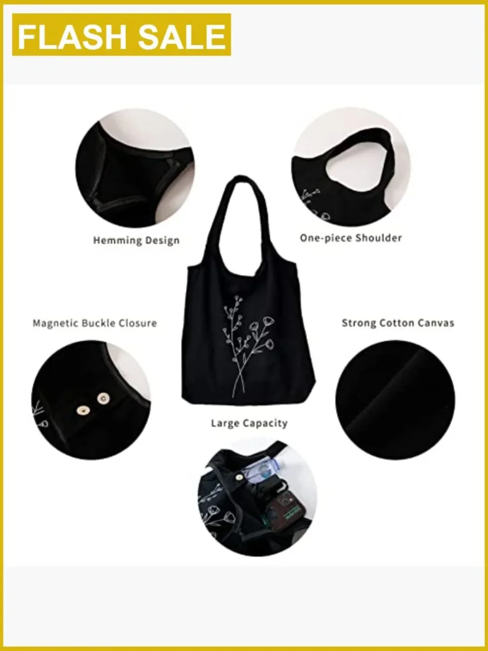 Canvas Tote Bag Floral Line Art Reusable Grocery Shopping Bag with Makeup Pouch